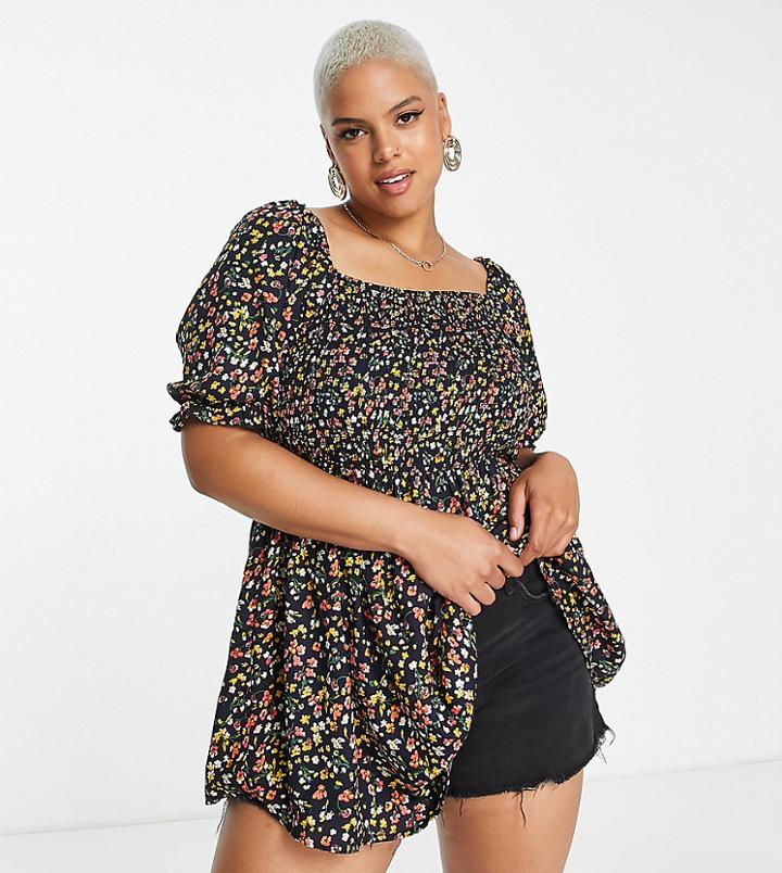 Yours Square Neck Puff Sleeve Peplum Top In Navy Ditsy Floral
