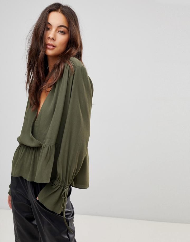 Asos Design Oversized Wrap Blouse With Dip Hem - Green