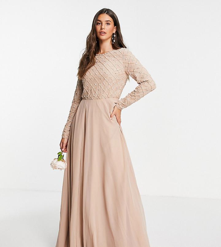 Asos Design Tall Bridesmaid Maxi Dress With Long Sleeve In Pearl And Beaded Embellishment With Tulle Skirt-pink