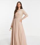 Asos Design Tall Bridesmaid Maxi Dress With Long Sleeve In Pearl And Beaded Embellishment With Tulle Skirt-pink