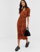 Influence Shirred Sleeve Midi Dress With Button Down Front In Tiger Print - Multi
