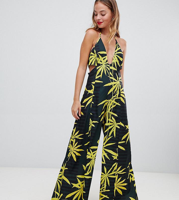 Asos Design Petite Jumpsuit With Cut Out Detail And Super Wide Leg In Tropical Print - Multi