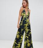 Asos Design Petite Jumpsuit With Cut Out Detail And Super Wide Leg In Tropical Print - Multi
