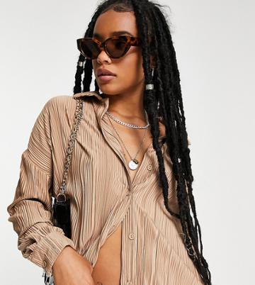 4th & Reckless Petite Plisse Shirt In Chocolate - Part Of A Set-brown
