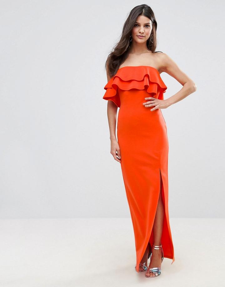 Club L Bandeau Frill Maxi Dress With Ruffle Asymetric Split - Red