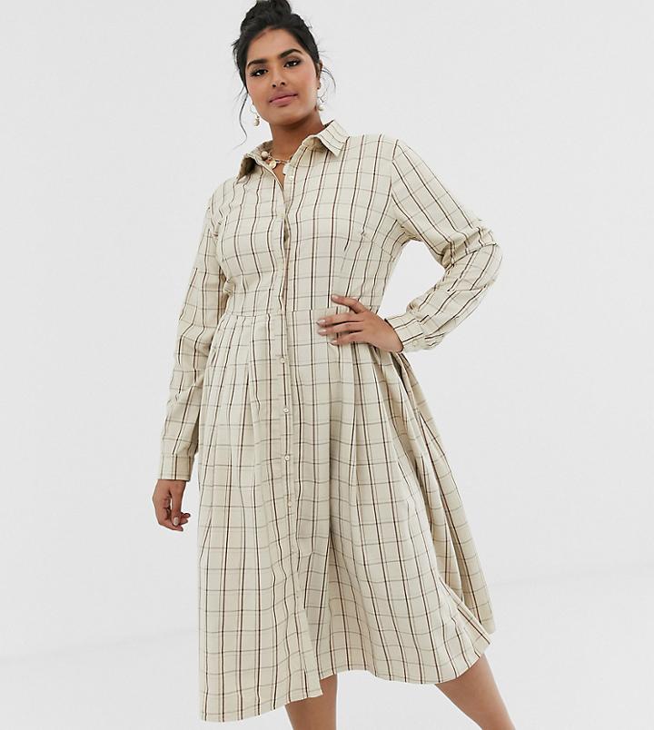Glamorous Curve Midi Shirt Dress With Pleated Skirt In Check