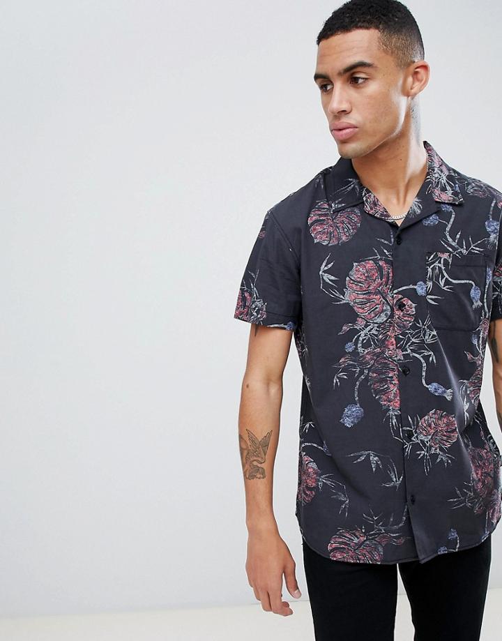 Jack & Jones Originals Short Sleeve Revere Collar Shirt In All Over Print - Black