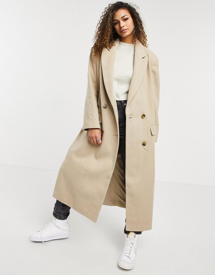 Asos Design Longline Twill Grandad Coat In Camel-white