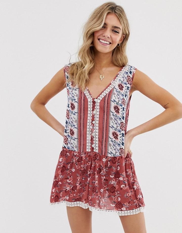 Asos Design Lace And Floral Print Button Through Romper-multi