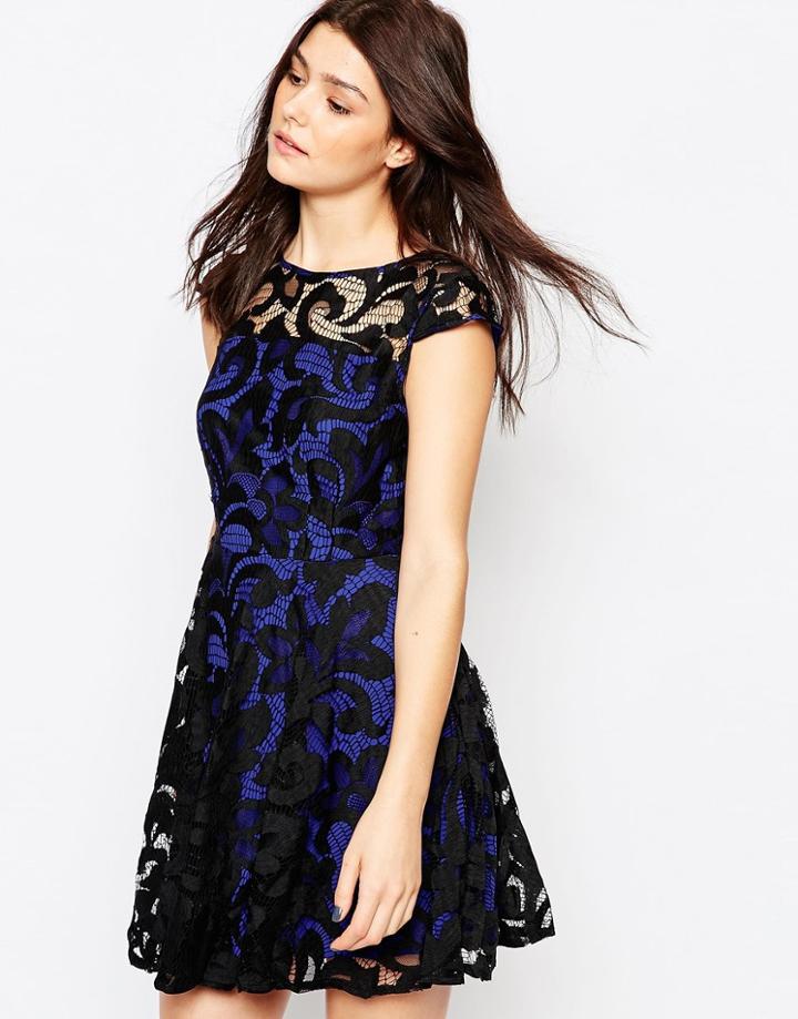 Greylin Lace Overlay Skater Dress - Blue
