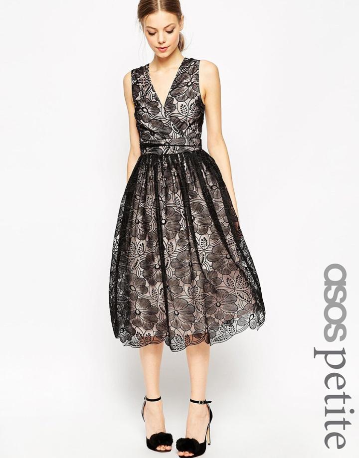 Asos Petite Premium Contrast Lace Midi Prom Dress - Black