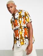 Asos Design Regular Linen Mix Shirt In Abstract Pattern-yellow