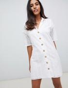 Asos Design Button Through Broderie Mini Shirt Dress-white
