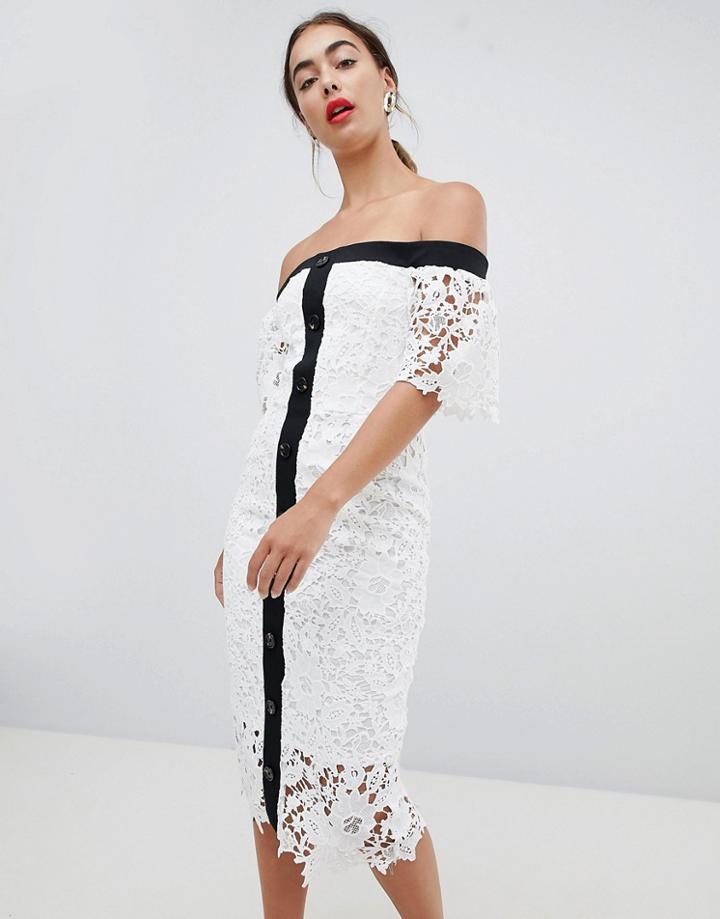 River Island Lace Off The Shoulder Midi Dress-white