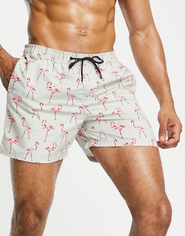 Jack & Jones Intelligence Swim Shorts With Flamingo Print-gray