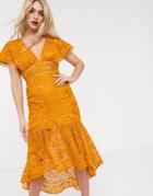 Asos Design Flutter Sleeve Midi Dress In Corded Lace With Circle Trim Detail-yellow