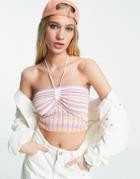 Bershka Halter Neck Tie Up Knitted Top In Multi Stripe
