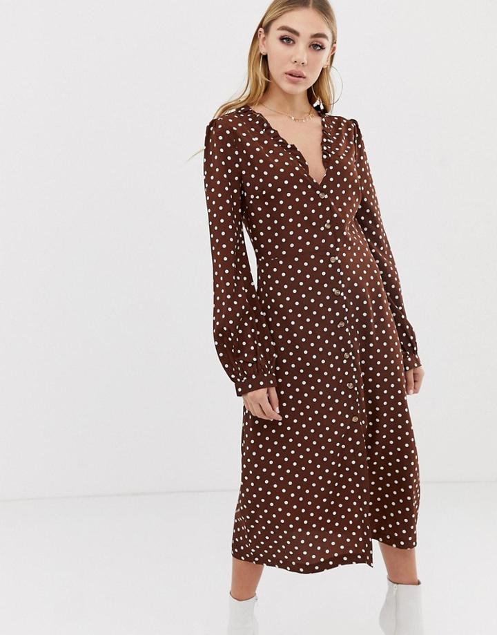 Prettylittlething Button Up Midi Dress In Polka Dot - Multi