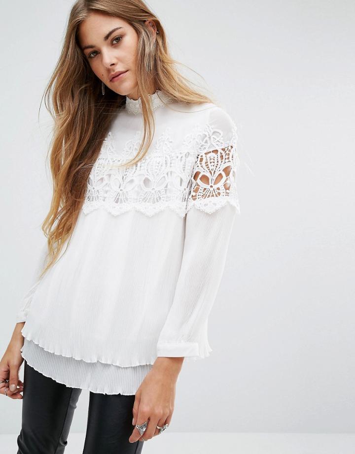 Navy London High Neck Voluminous Blouse With Pleat And Lace Details - White