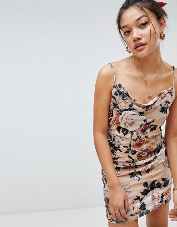 Honey Punch Velvet Burnout Cowl Front Mini Dress - Beige