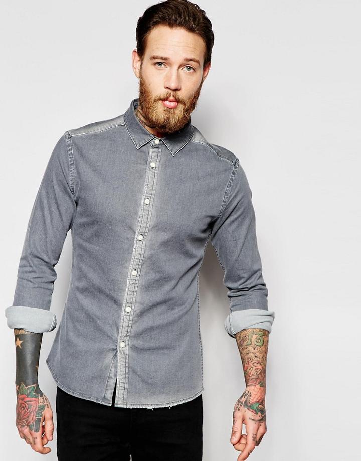 Asos Skinny Denim Shirt With Rip And Repair In Long Sleeve - Black