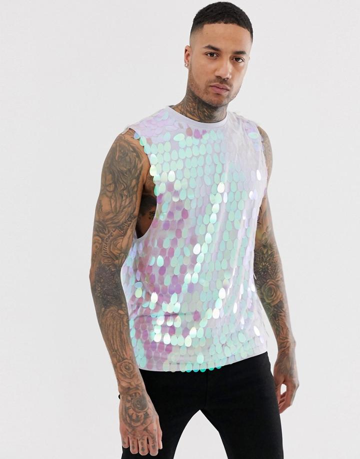 Asos Design Relaxed Sleeveless T-shirt With Dropped Armhole And Sequins In Iridescent Silver - Silver