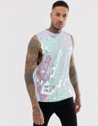 Asos Design Relaxed Sleeveless T-shirt With Dropped Armhole And Sequins In Iridescent Silver - Silver