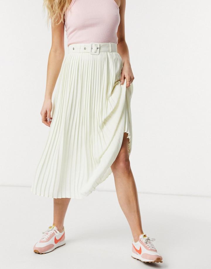 Vila High Waist Pleated Skirt With Belt In Cream-white