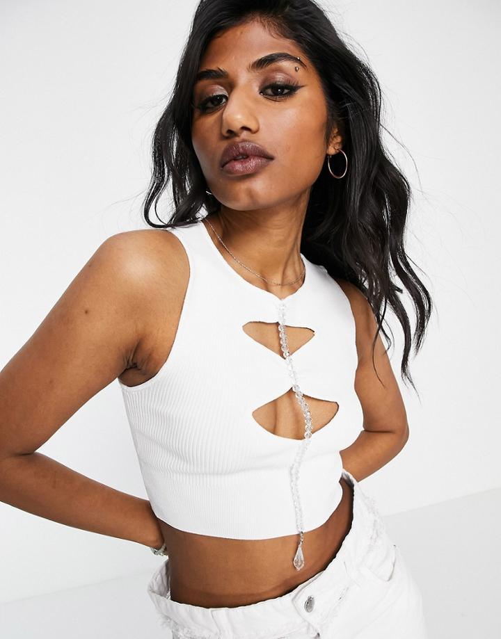 Bershka Beaded Detail Cut Out Top In White