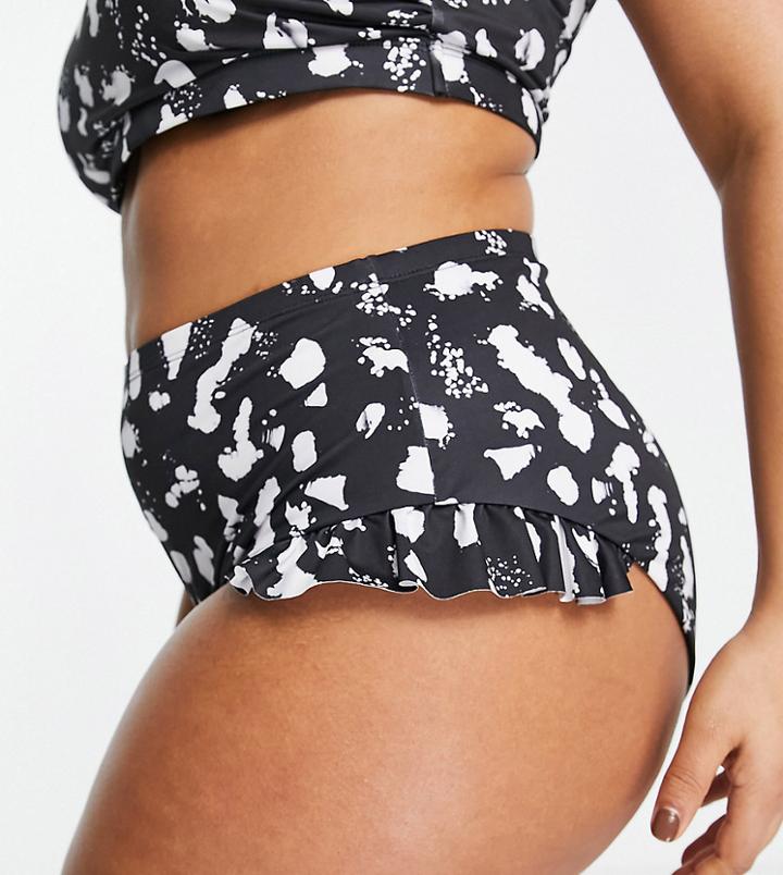 Asos Design Curve Recycled Mix And Match Frill High Waist Bikini Bottom In Mono Spot Print-multi