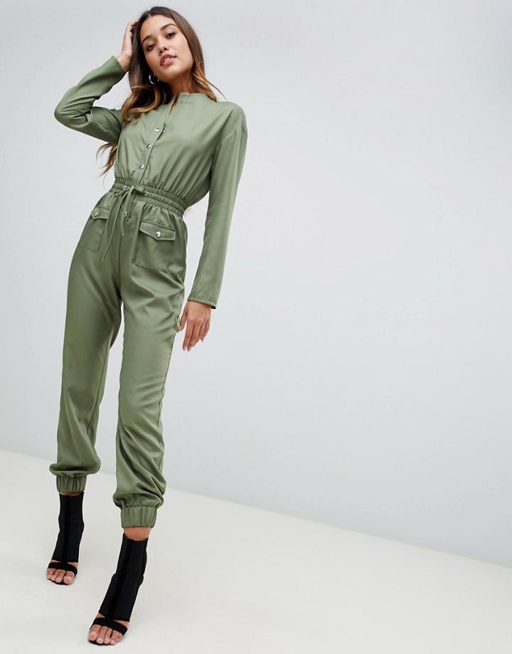 Prettylittlething Utility Jumpsuit In Khaki - Green