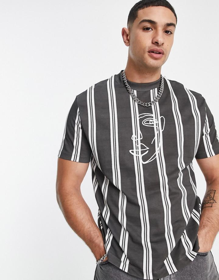 Asos Design Relaxed Vertical Stripe T-shirt In Black With Front Line Face Embroidery