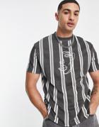 Asos Design Relaxed Vertical Stripe T-shirt In Black With Front Line Face Embroidery