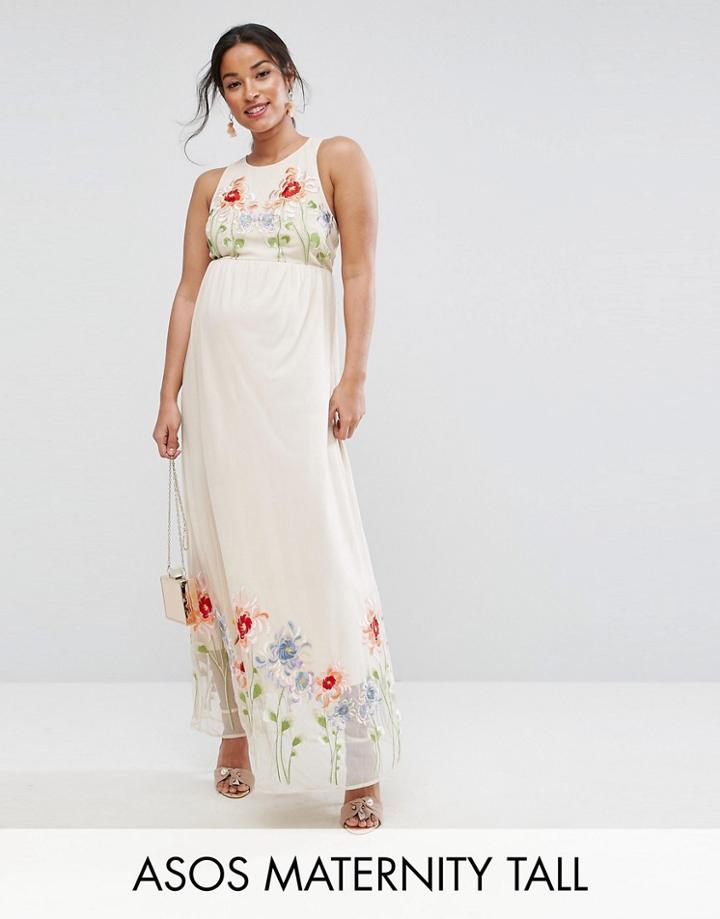 Asos Maternity Tall Embroidery Mesh Maxi Dress - Pink