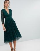 Asos Long Sleeve Lace Midi Prom Dress - Green