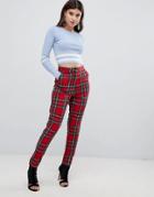 Missguided Check High Waist Trouser In Red Check - Red