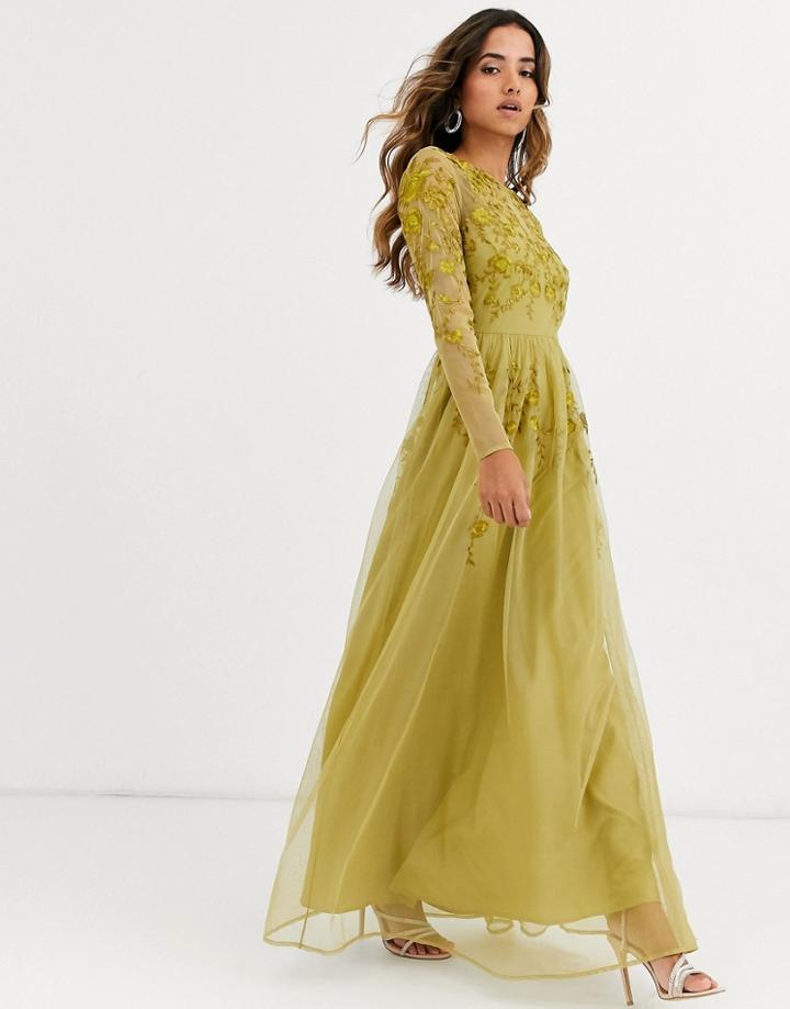 Asos Design Long Sleeve Maxi Dress In Embroidered Mesh-gold