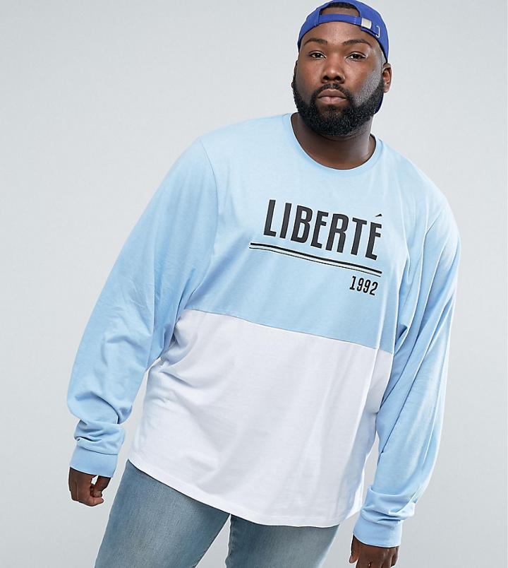 Asos Plus Super Oversized Batwing Long Sleeve T-shirt With Liberte Print And Color Block Panelling - Blue