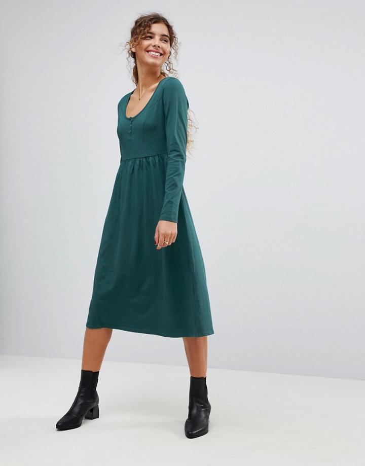 Asos Midi Smock Dress With Button Placket - Green