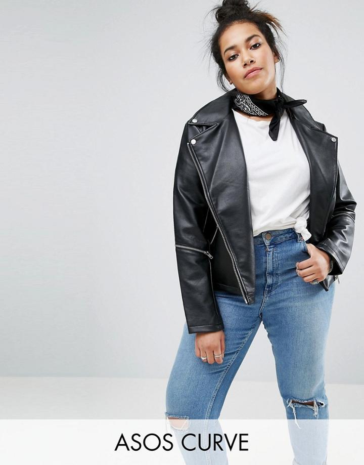 Asos Curve Leather Look Jacket With Zip Sleeves - Black
