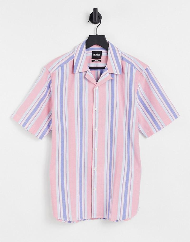 Only & Sons Short Sleeve Shirt With Revere Collar In Pink Stripe
