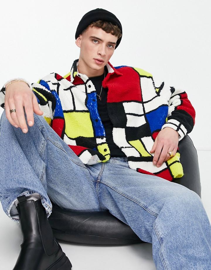 Asos Design Boxy Oversized Mondrian Print Shirt In Fleece-multi