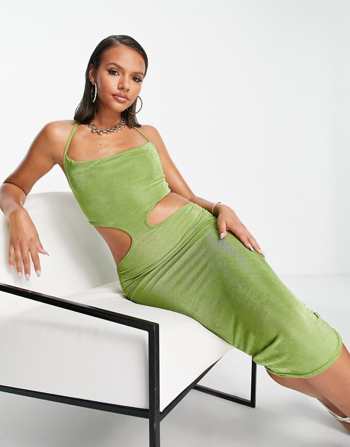 Fashionkilla Halter Neck Cut-out Waist Midi Dress In Olive-green