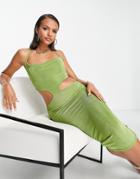 Fashionkilla Halter Neck Cut-out Waist Midi Dress In Olive-green