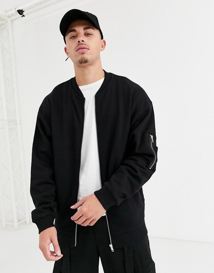Asos Design Oversized Jersey Bomber Jacket With Ma1 Pocket In Black