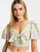 River Island Floral Tie Front Crop Top In Blue-blues