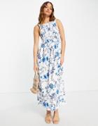 River Island Shirred Neck Floral Midi Dress In Blue