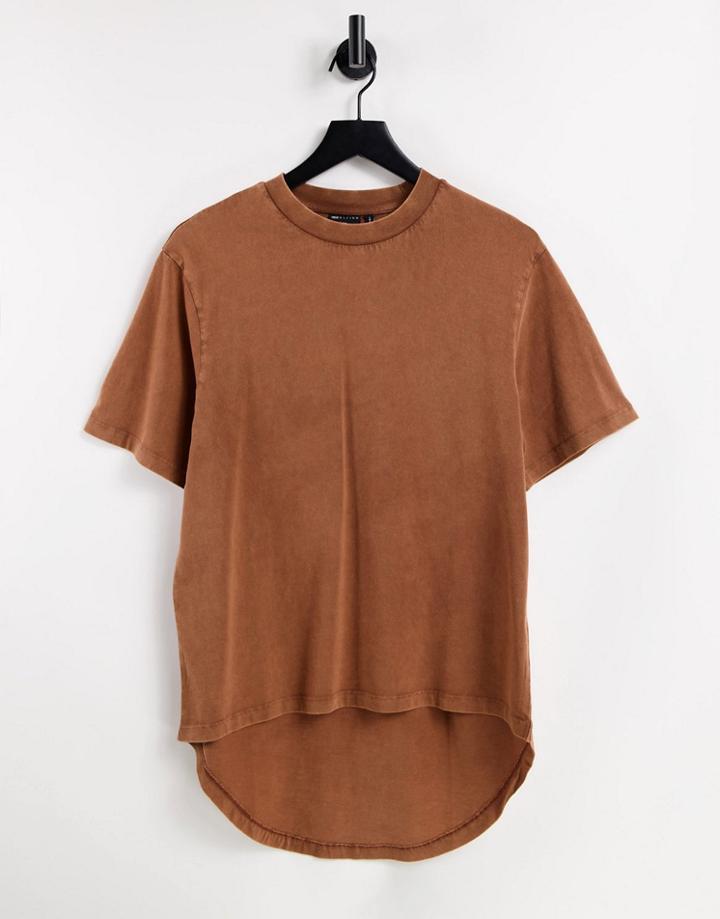 Asos Design Oversized T-shirt With Dipped Hem In Washed Brown