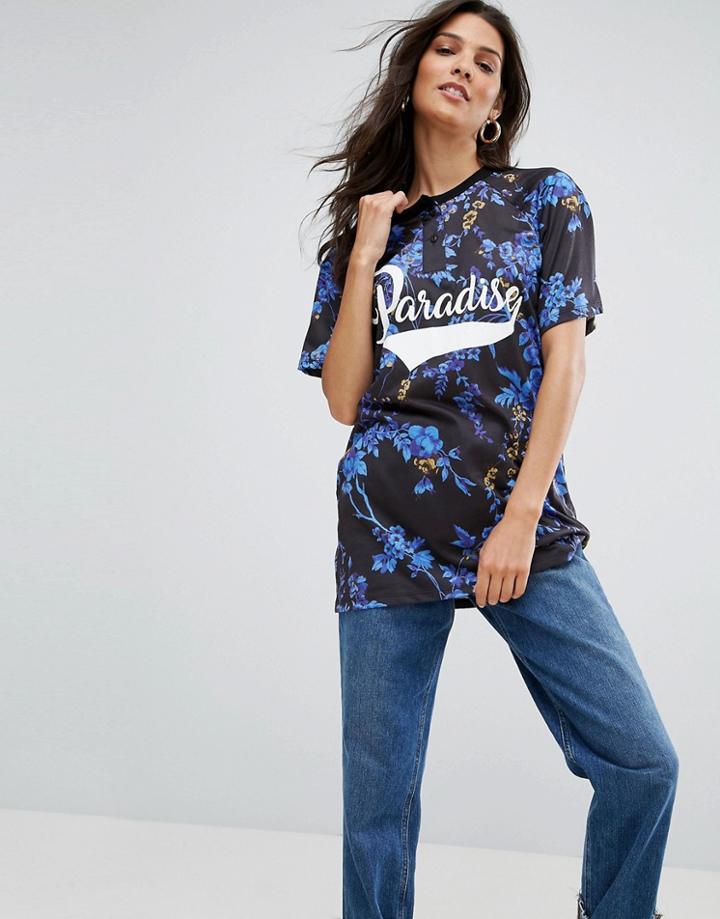 Asos Super Oversized Button Neck T-shirt With Paradise Print - Multi