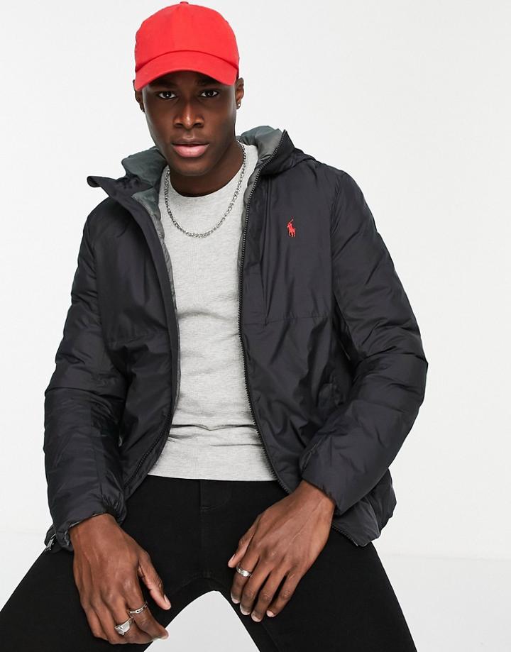 Polo Ralph Lauren Player Logo Insulated Hooded Puffer Jacket In Black